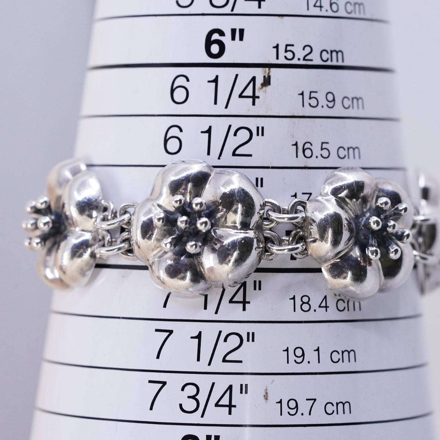 7", VTG Mexican JRI sterling silver bracelet, cherry blossom flower link chain