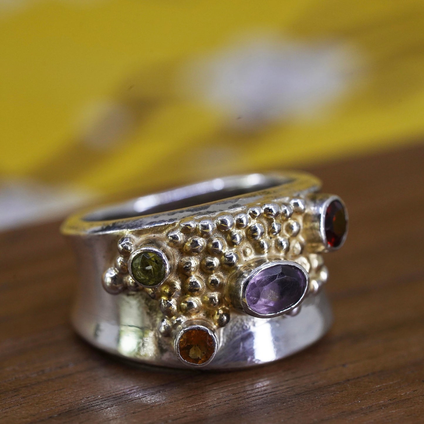 Size 8.25, Sterling 925 silver ring with ruby, peridot, amethyst and citrine