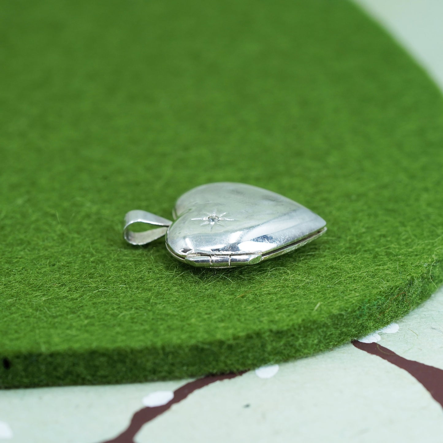 Vintage sterling silver photo locket charm pendant, 925 heart with cz star