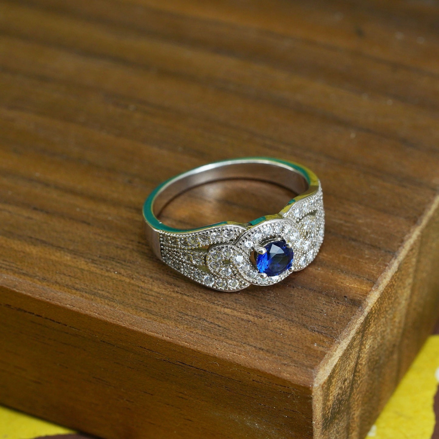 Size 8, vintage Sterling silver handmade ring, 925 band with sapphire clear Cz