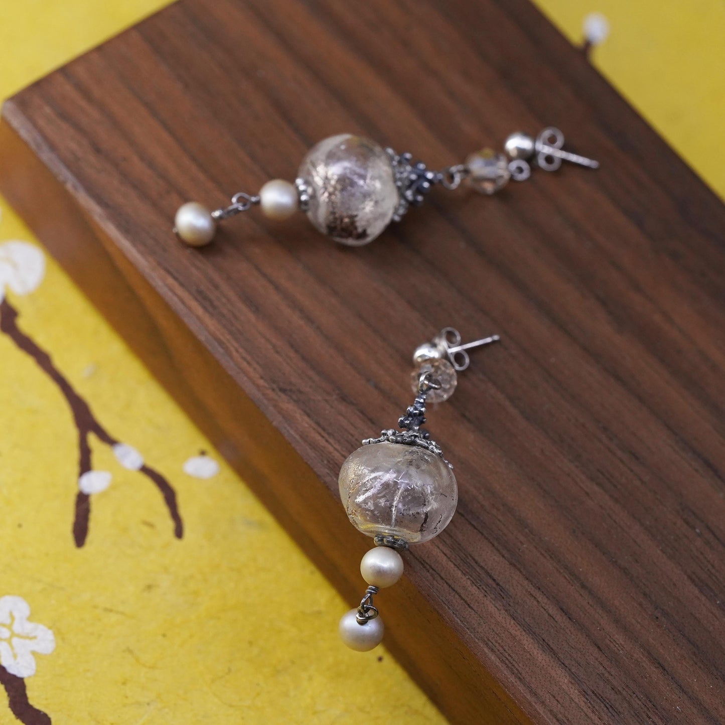 Vintage Sterling silver handmade earrings, solid 925 silver glass beads