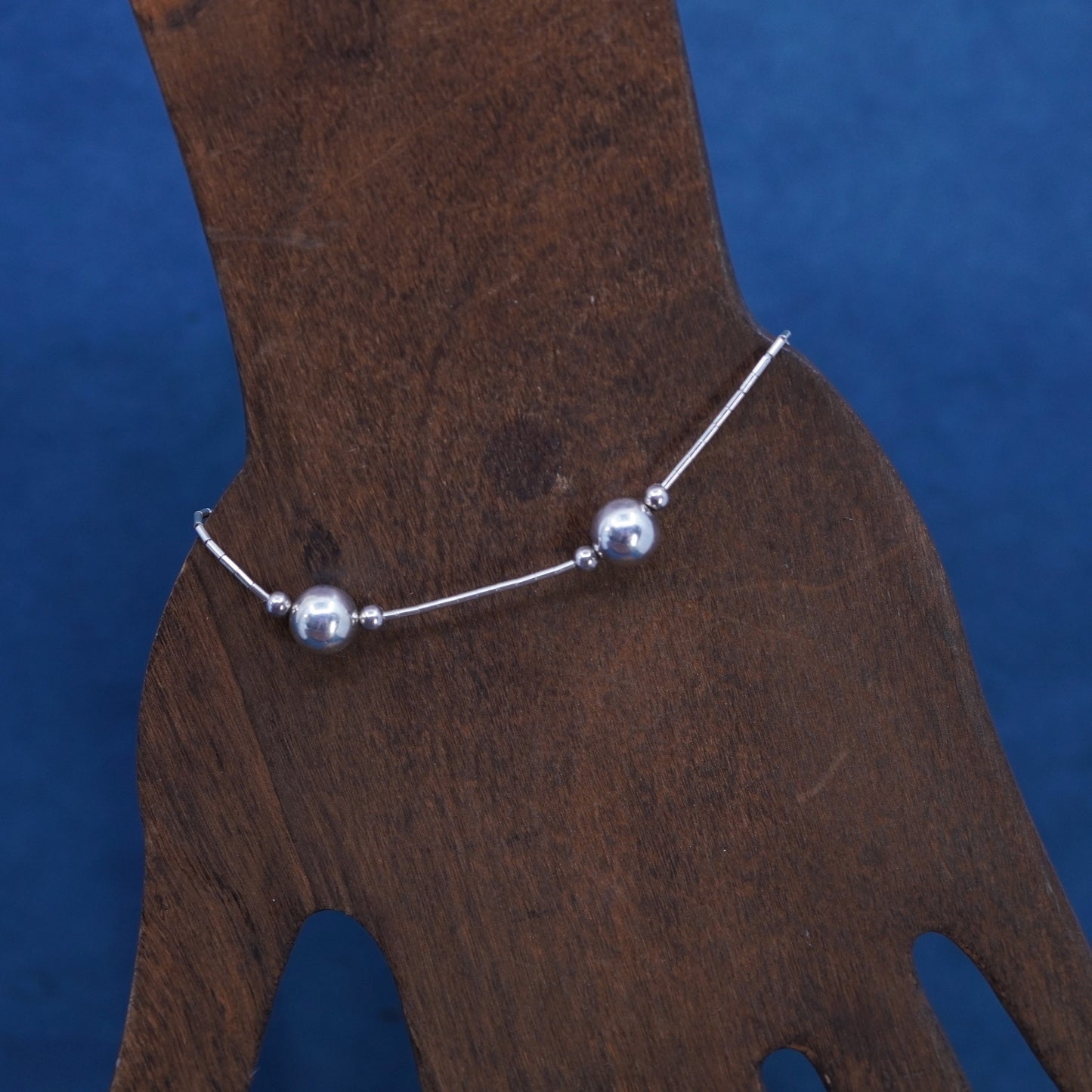 6.75”, vintage sterling handmade bracelet, 925 liquid silver chain with beads
