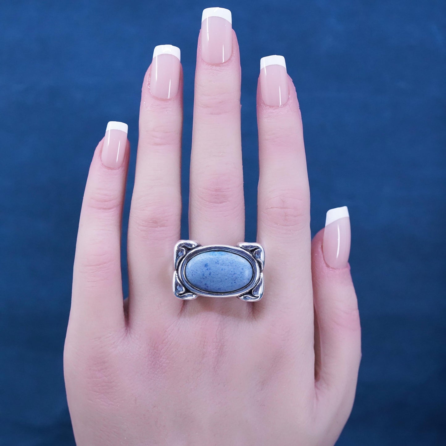 Size 9, Vintage sterling silver handmade statement ring with denim Lapis lazuli