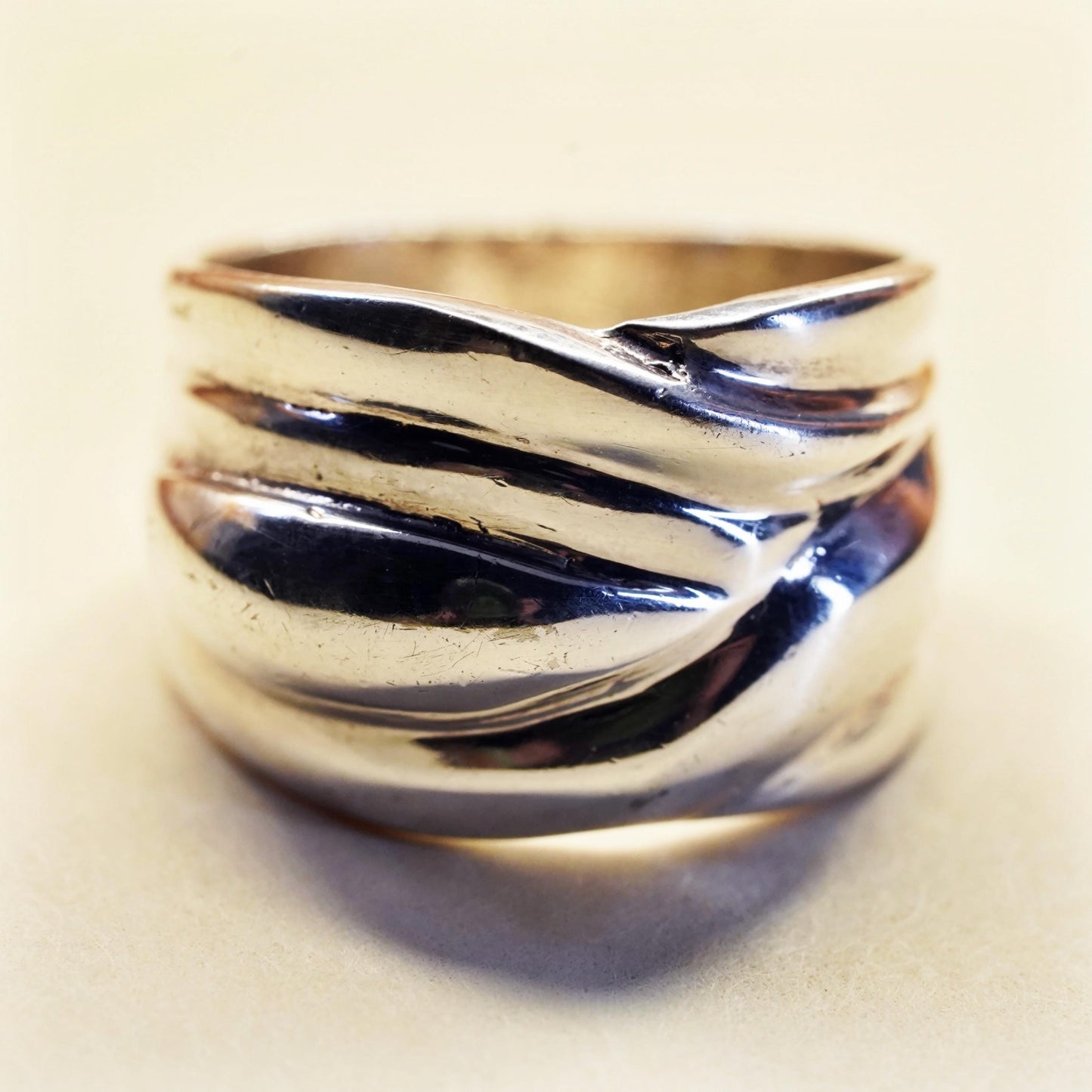 Size 6.5, vintage sterling silver handmade ring, 925 ribbed wavy wide band