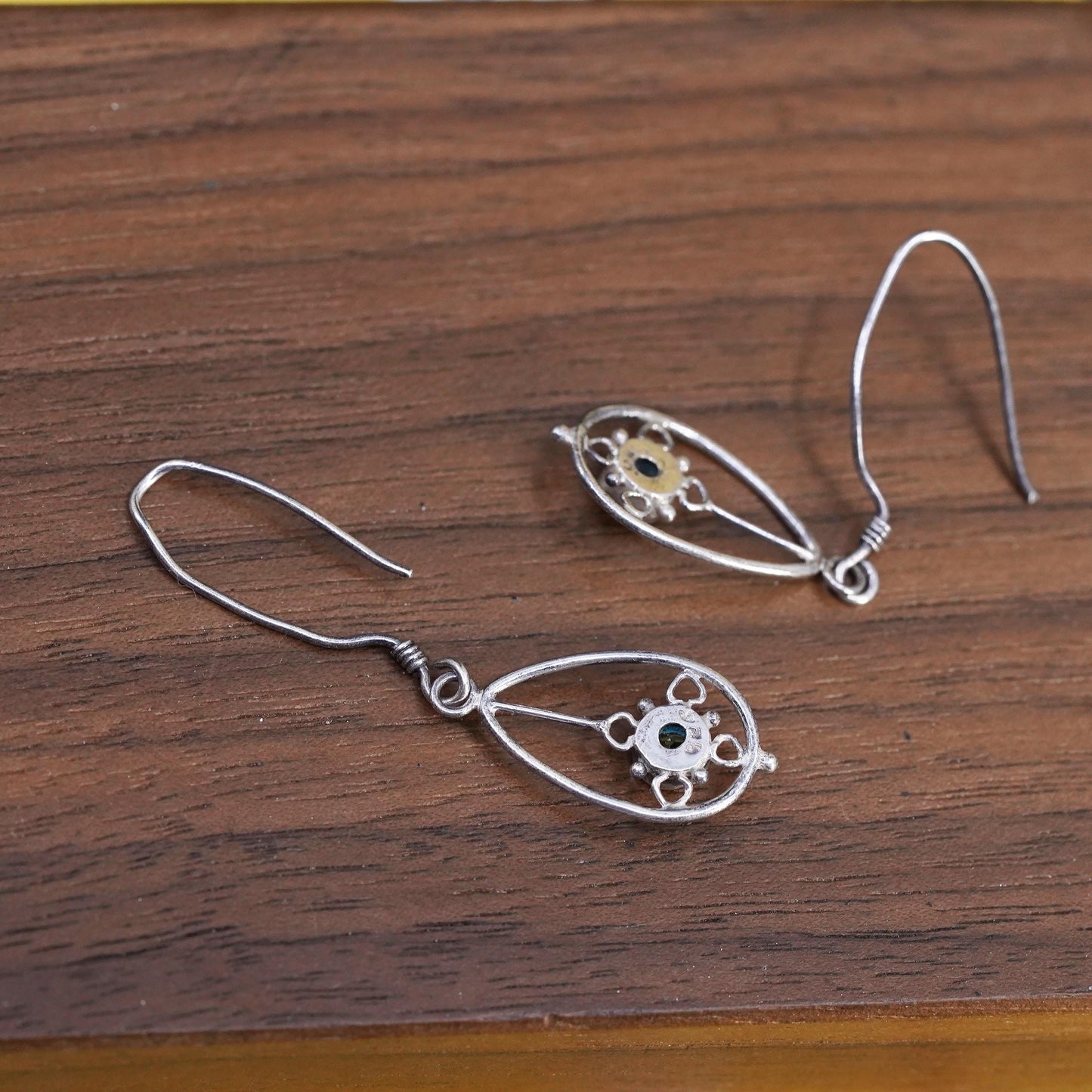 Vintage Sterling silver handmade earrings, 925 teardrop with peridot