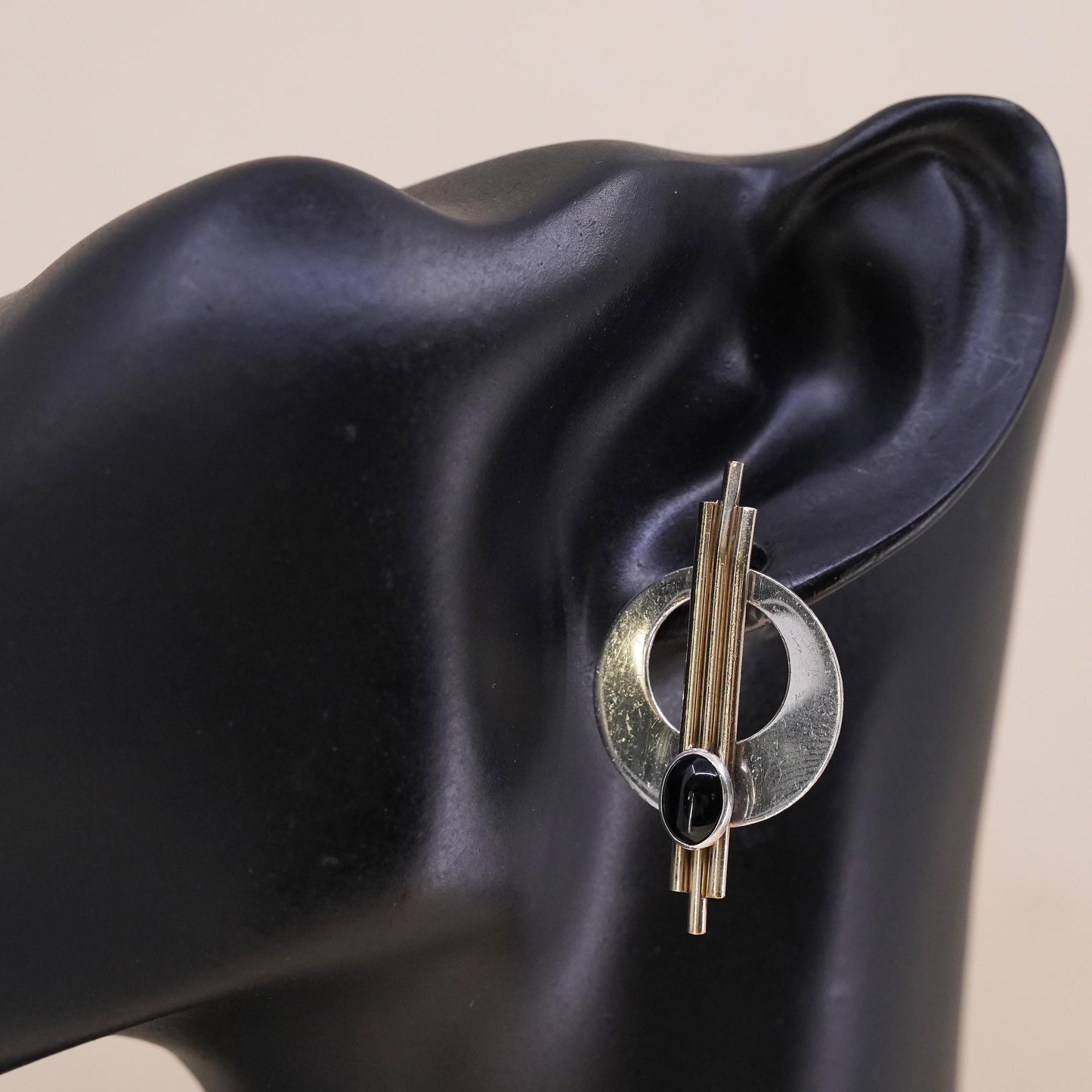 PJP gold filled two tone sterling silver single earring, modern 925 disc onyx