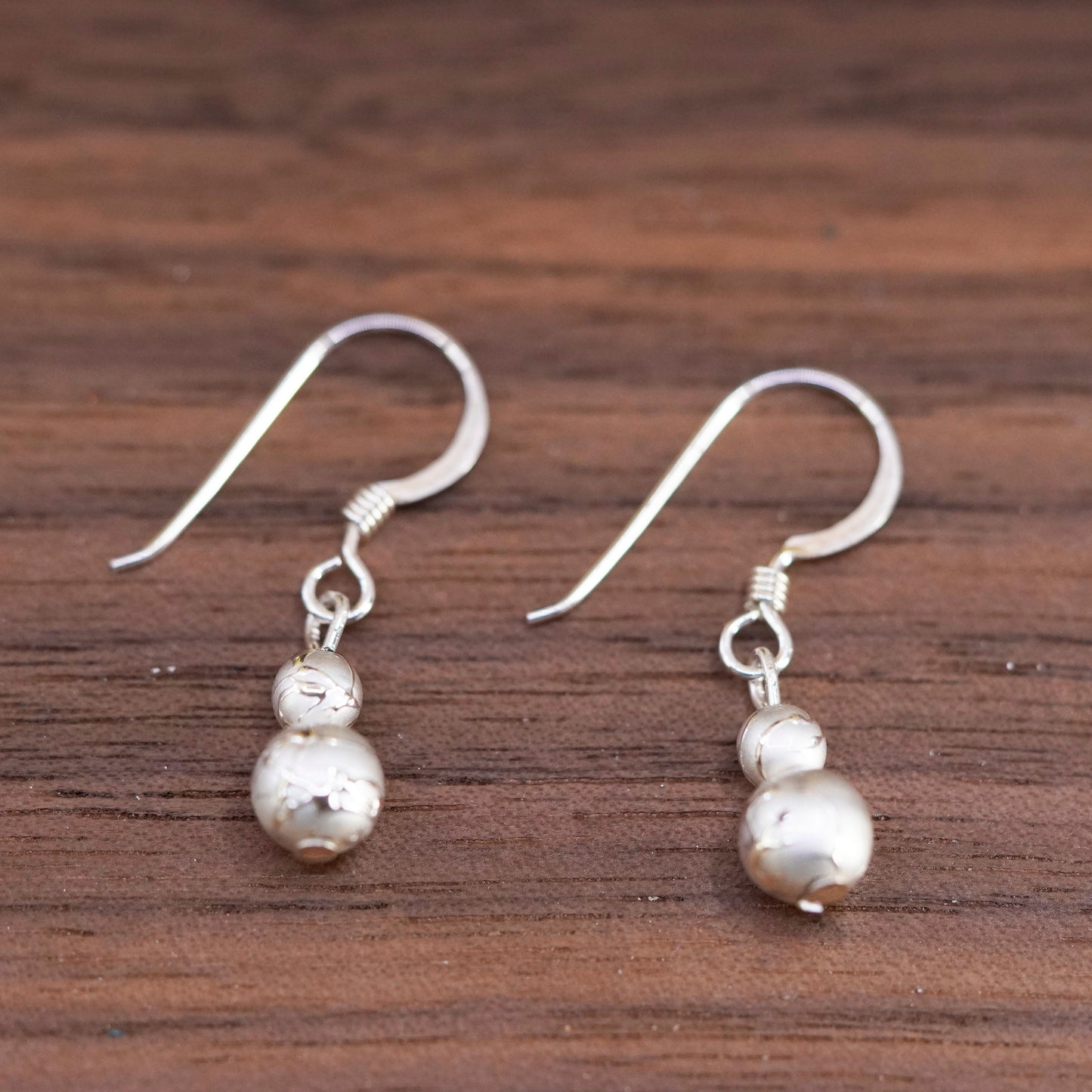 Vintage Sterling silver handmade earrings, textured 925 beads drops