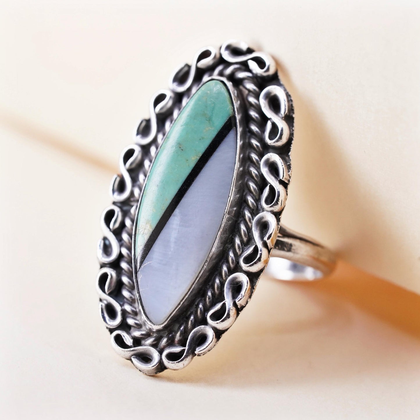Size 7, Native American sterling 925 silver ring with turquoise mother of pearl