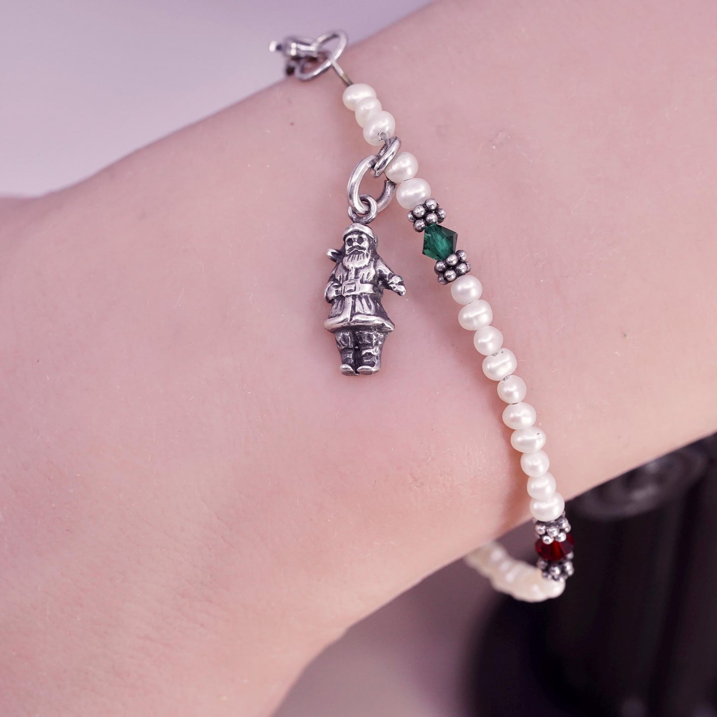 6.25”, vintage Sterling 925 silver bracelet with pearl beads and Santa charm