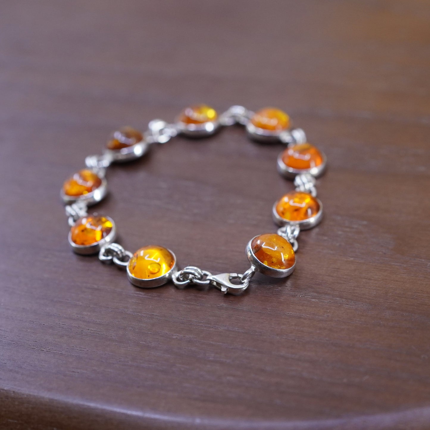7.25”, vintage Sterling 925 silver handmade bracelet with amber inlay