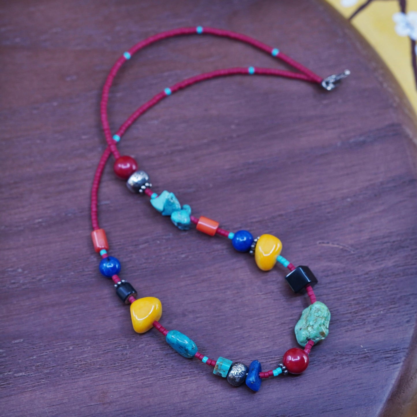 16”. Native American heishi handmade turquoise citrine lapis beads necklace