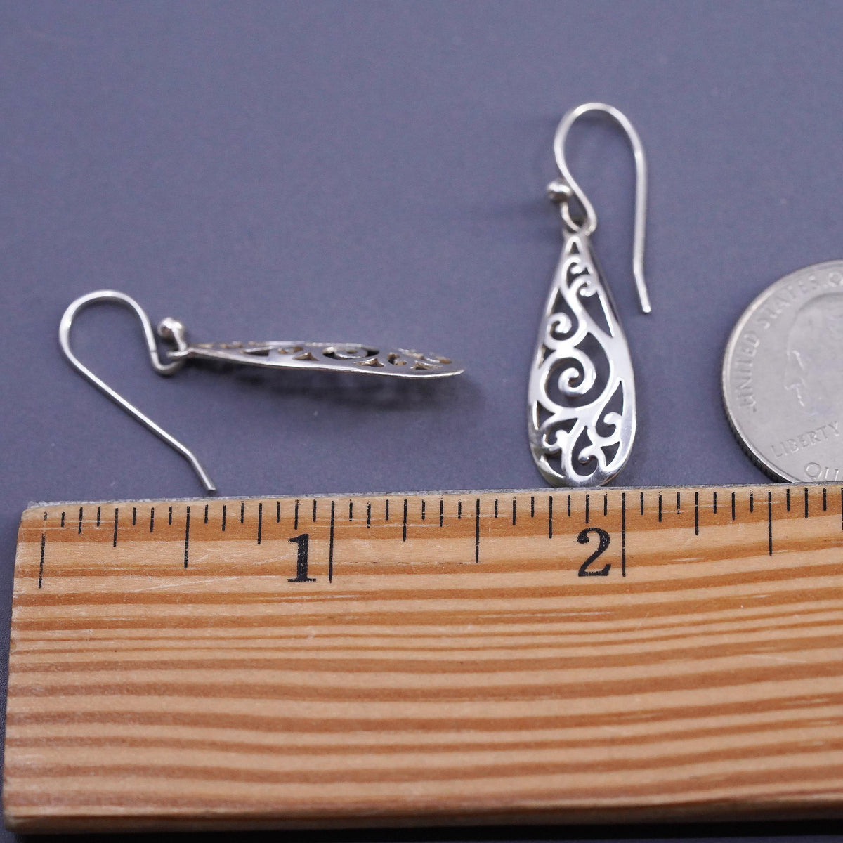 Vintage sterling silver handmade earrings, 925 filigree teardrop drop