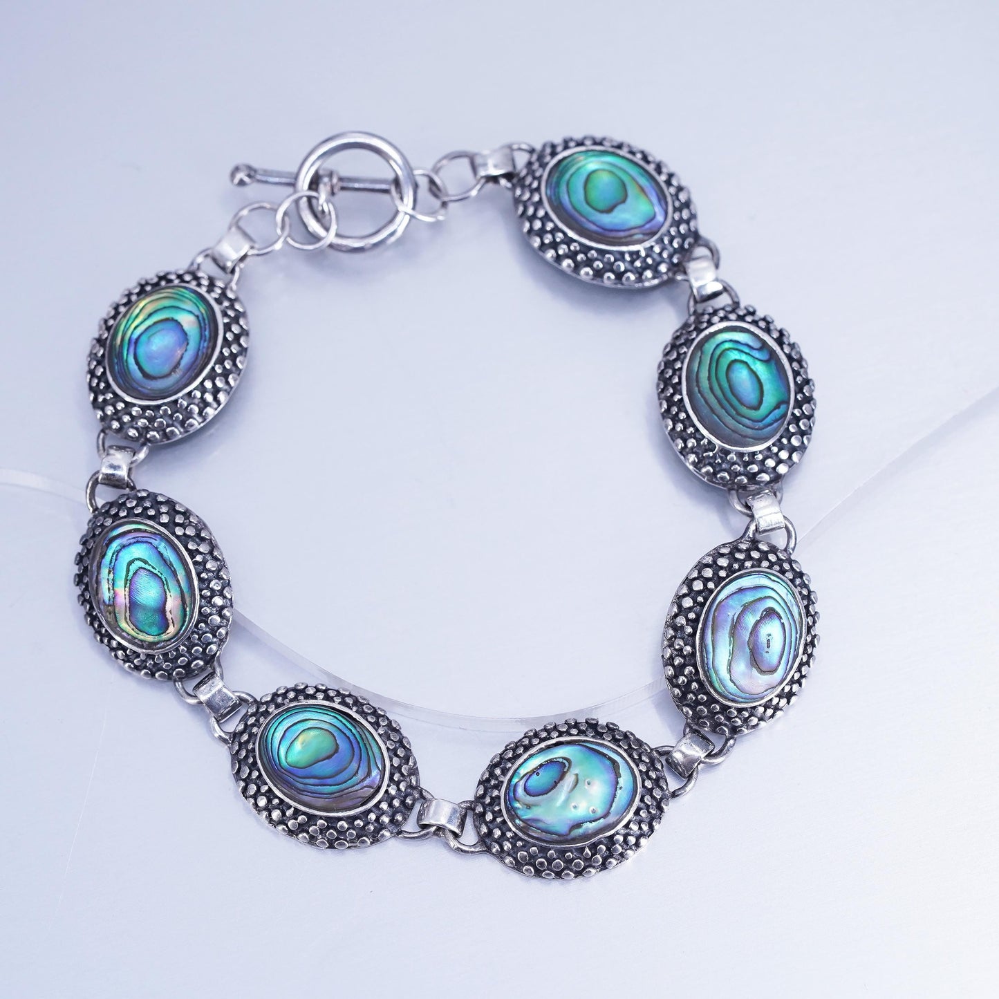 7.75”, Sterling 925 silver handmade bracelet with abalone and toggle closure