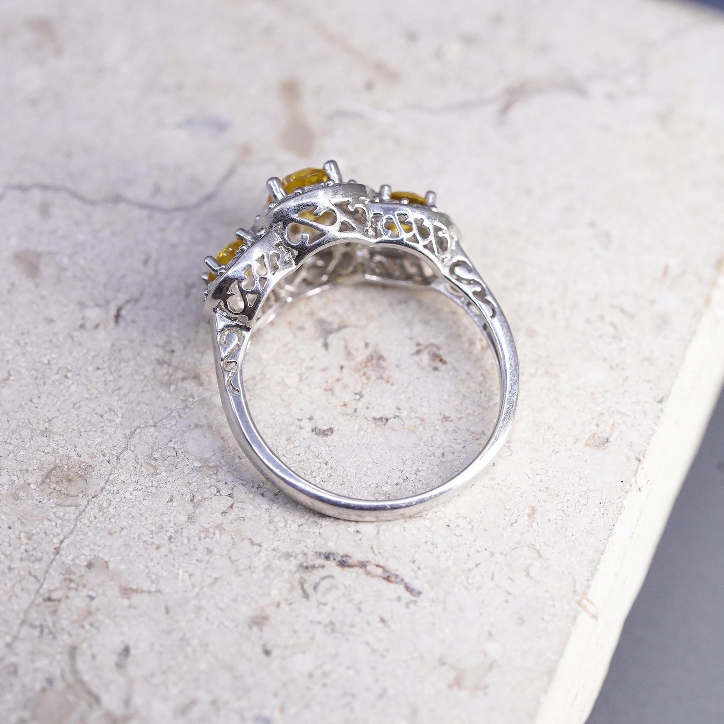 Size 8, VTG Sterling Silver 925 Yellow Citrine Ring, Three Stone Oval Halo Ring
