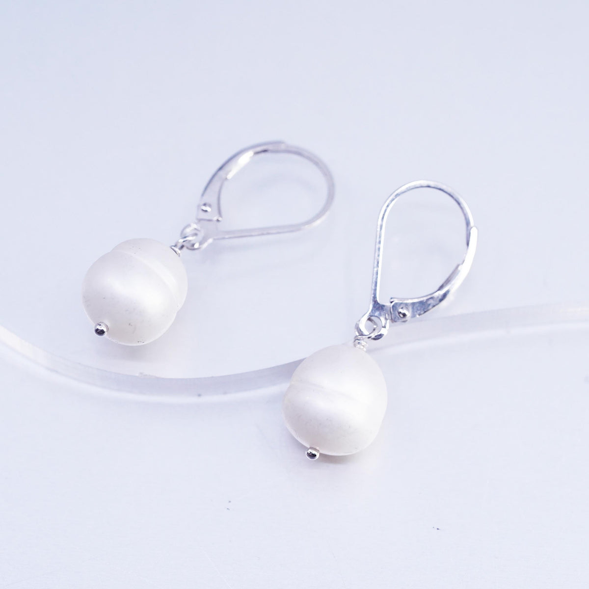 Vintage White Bead Drop Earrings Sterling Silver 925 Leverback Dangles Jewelry