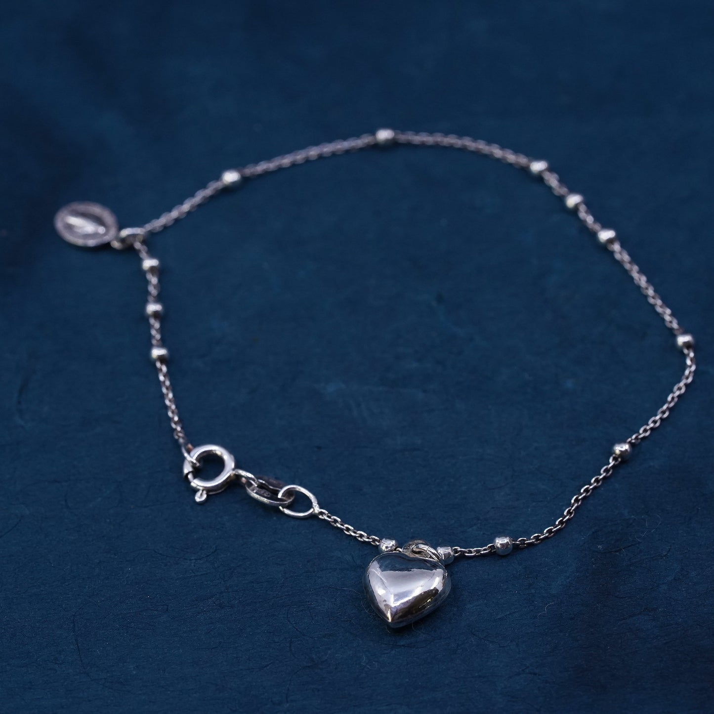 7", Sterling silver bracelet, 925 circle chain beads heart Virgin Mary Charms
