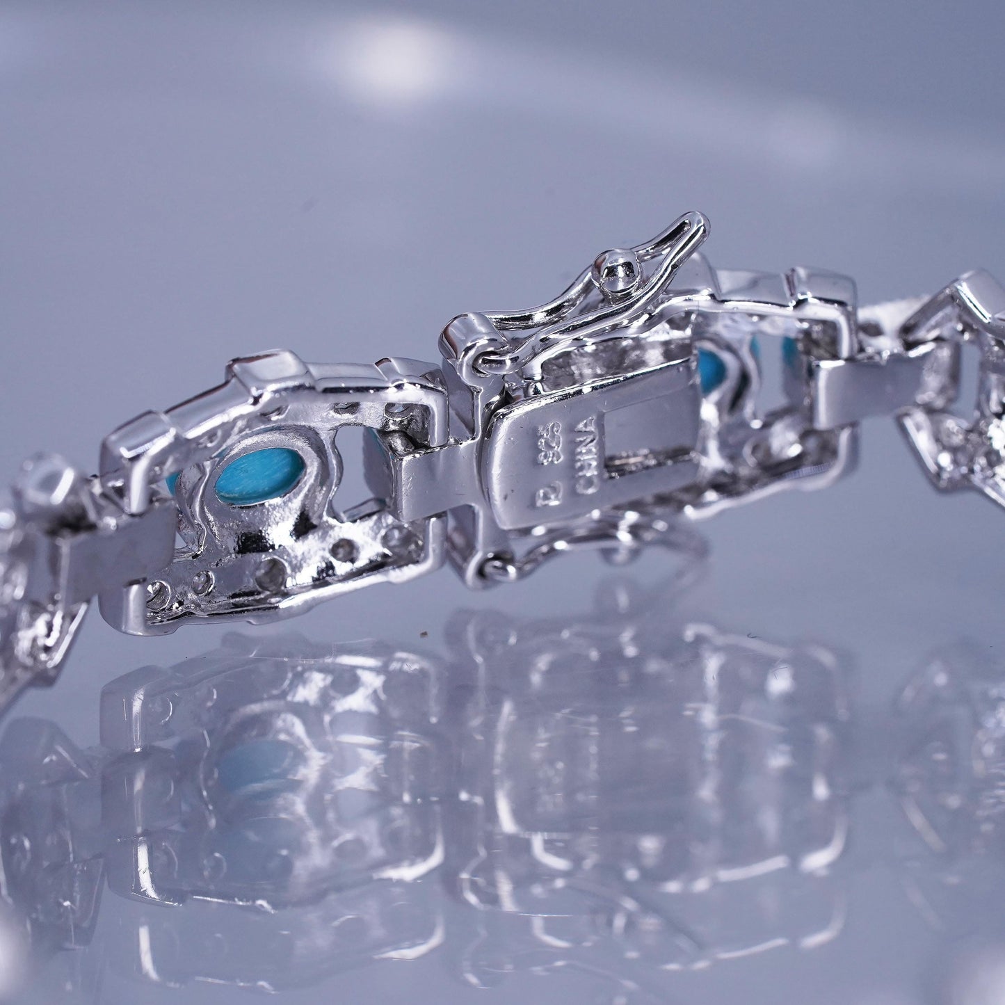 7.5”, Vintage Sterling 925 silver tennis bracelet chain w/ turquoise cluster cz
