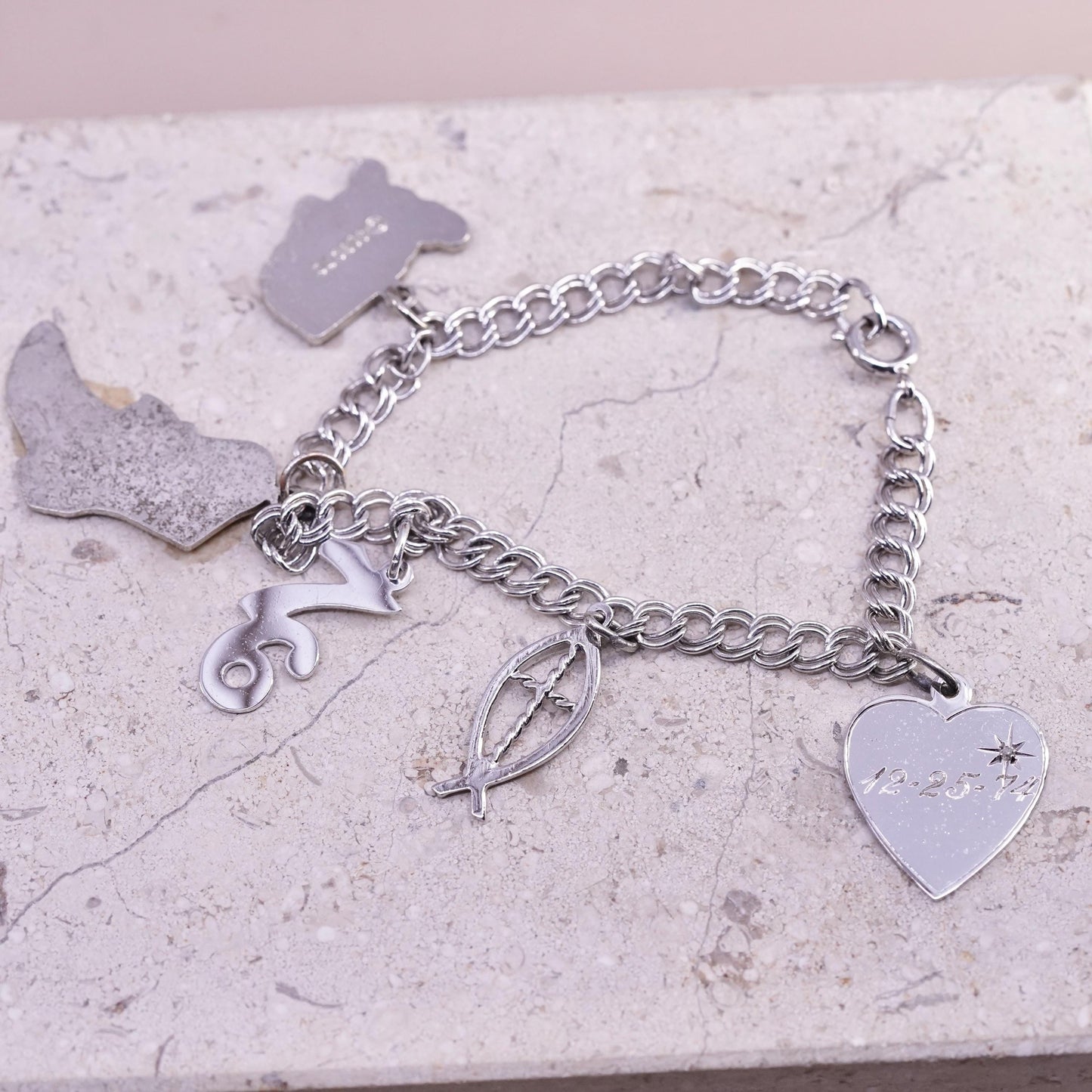6.75”, vintage Sterling silver bracelet 925 double curb chain fish American map