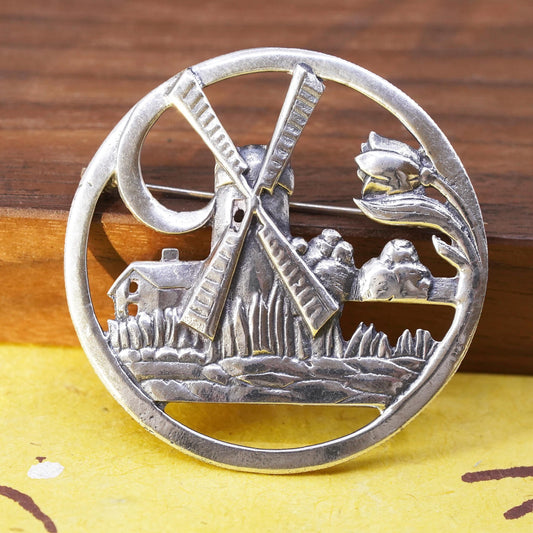 VTG Holland handmade sterling 925 silver tulip flower windmill circle brooch