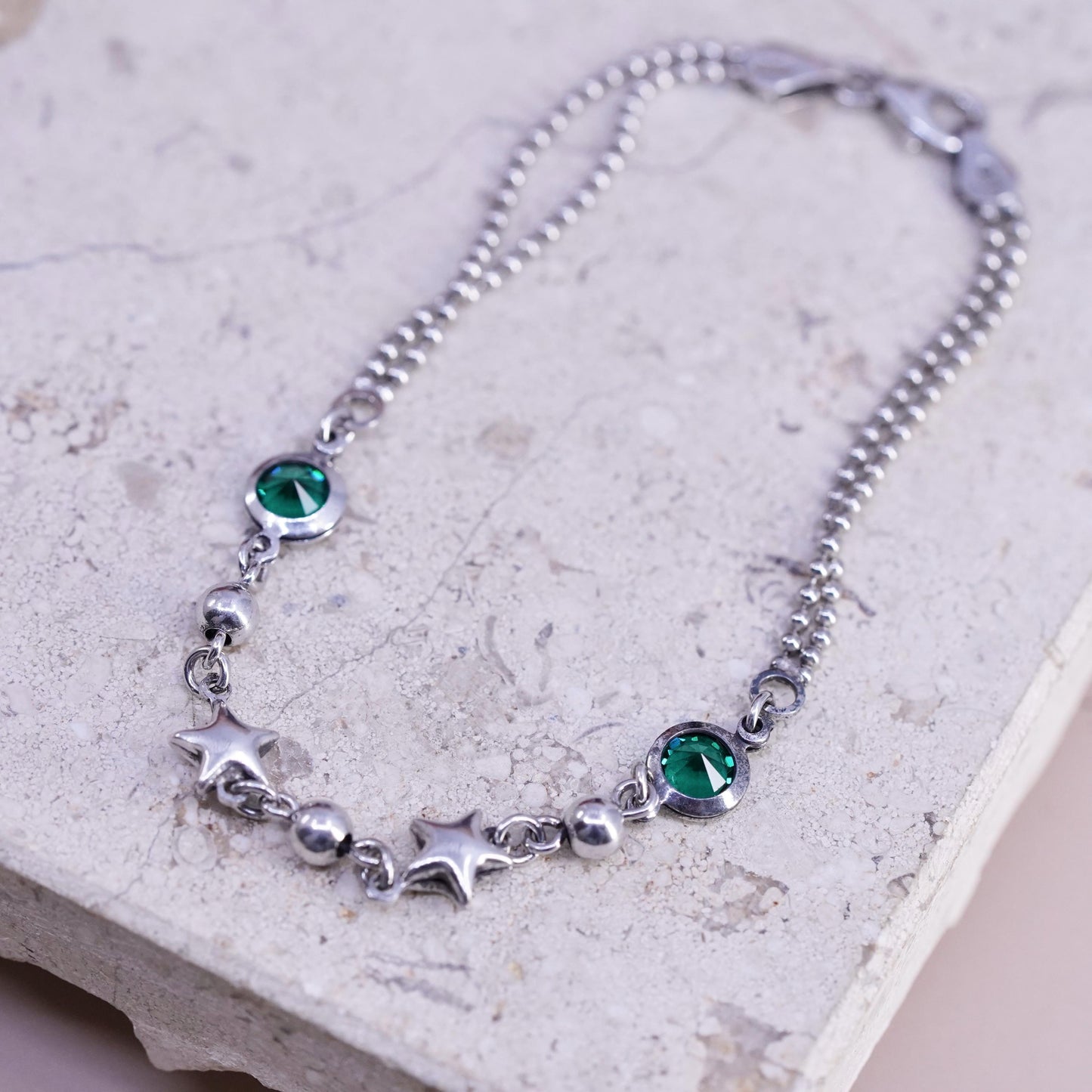7", vintage sterling silver handmade bracelet, 925 bead chain with star charms
