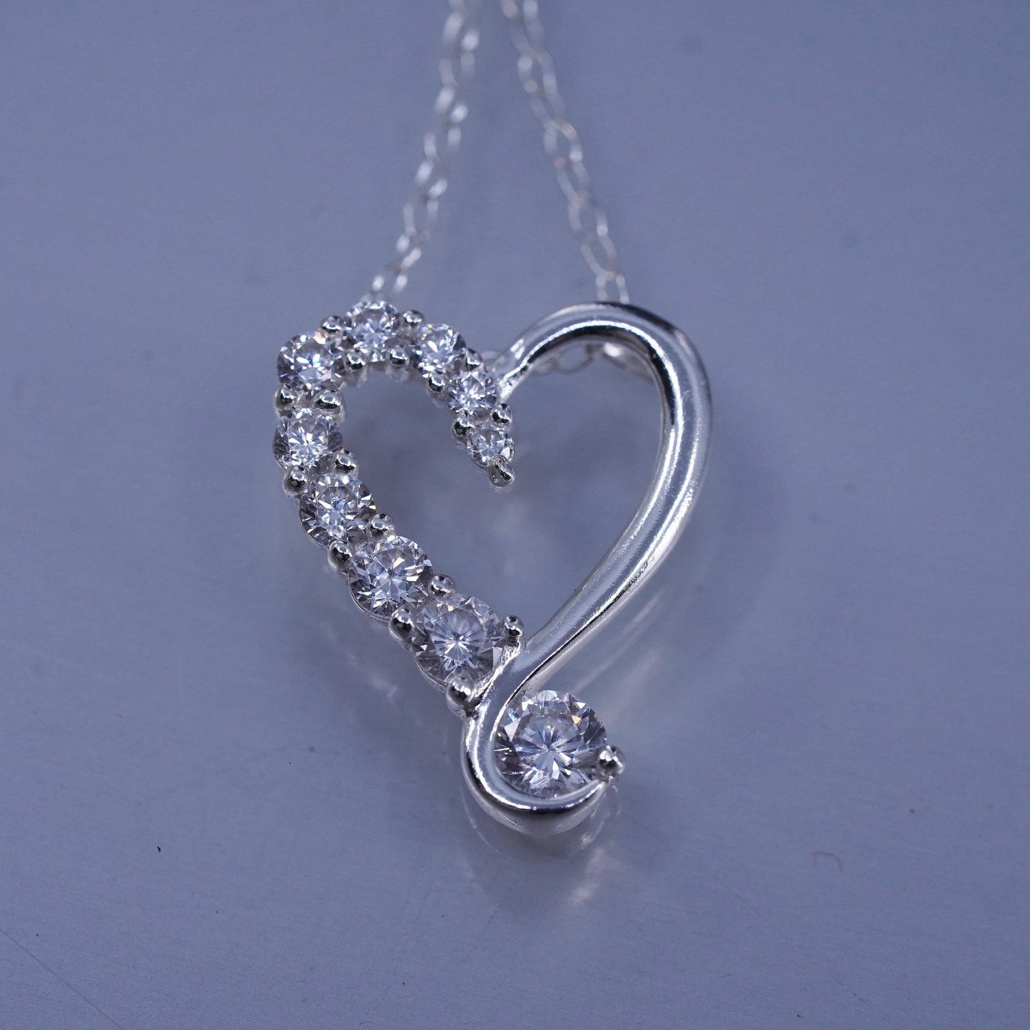 18”, vintage Sterling 925 silver handmade circle necklace with cz heart pendant