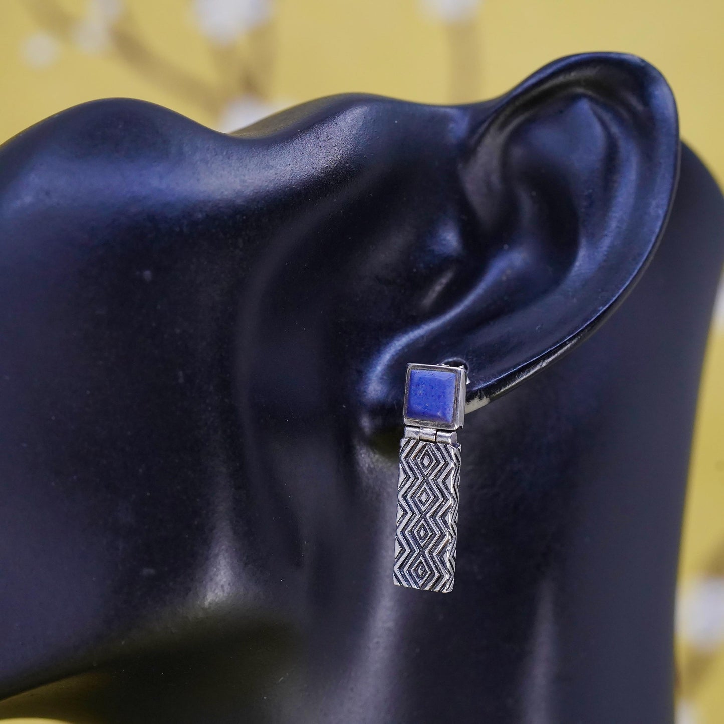 Designer sterling 925 silver textured rugtangular earrings lapis lazuli square