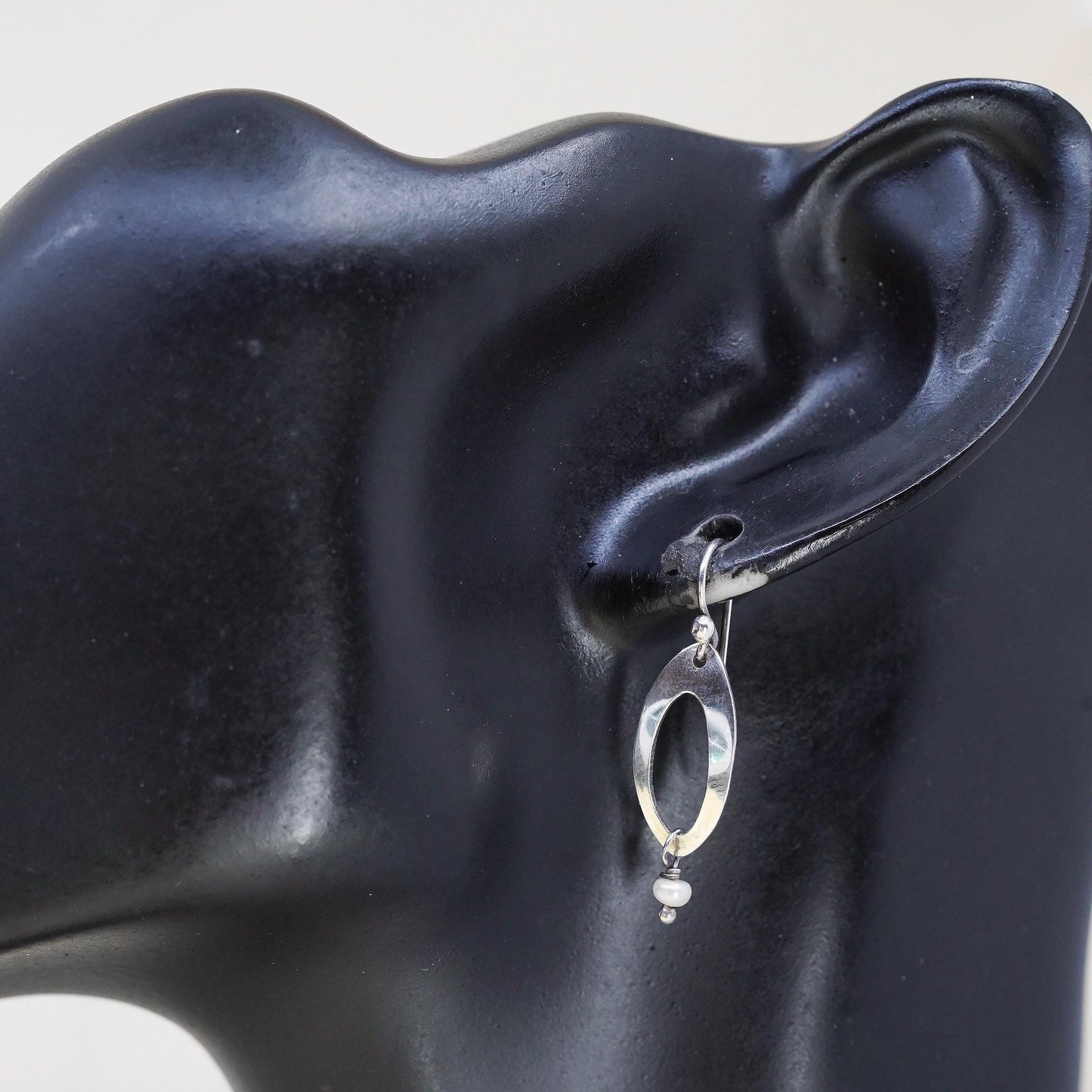 Vintage sterling 925 silver handmade marquise shaped earrings w/ pearl dangles