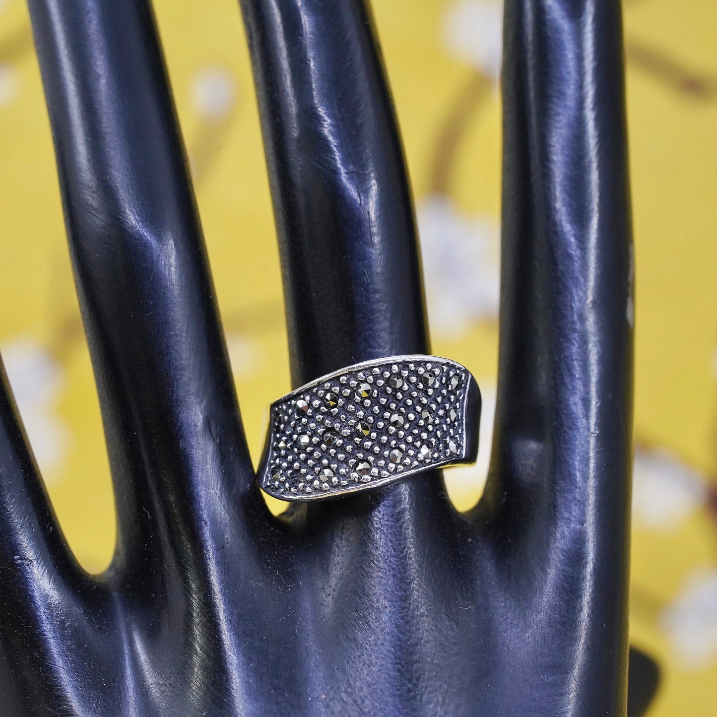 Size 8, Sterling silver handmade ring, southwestern, 925 wavy band marcasite