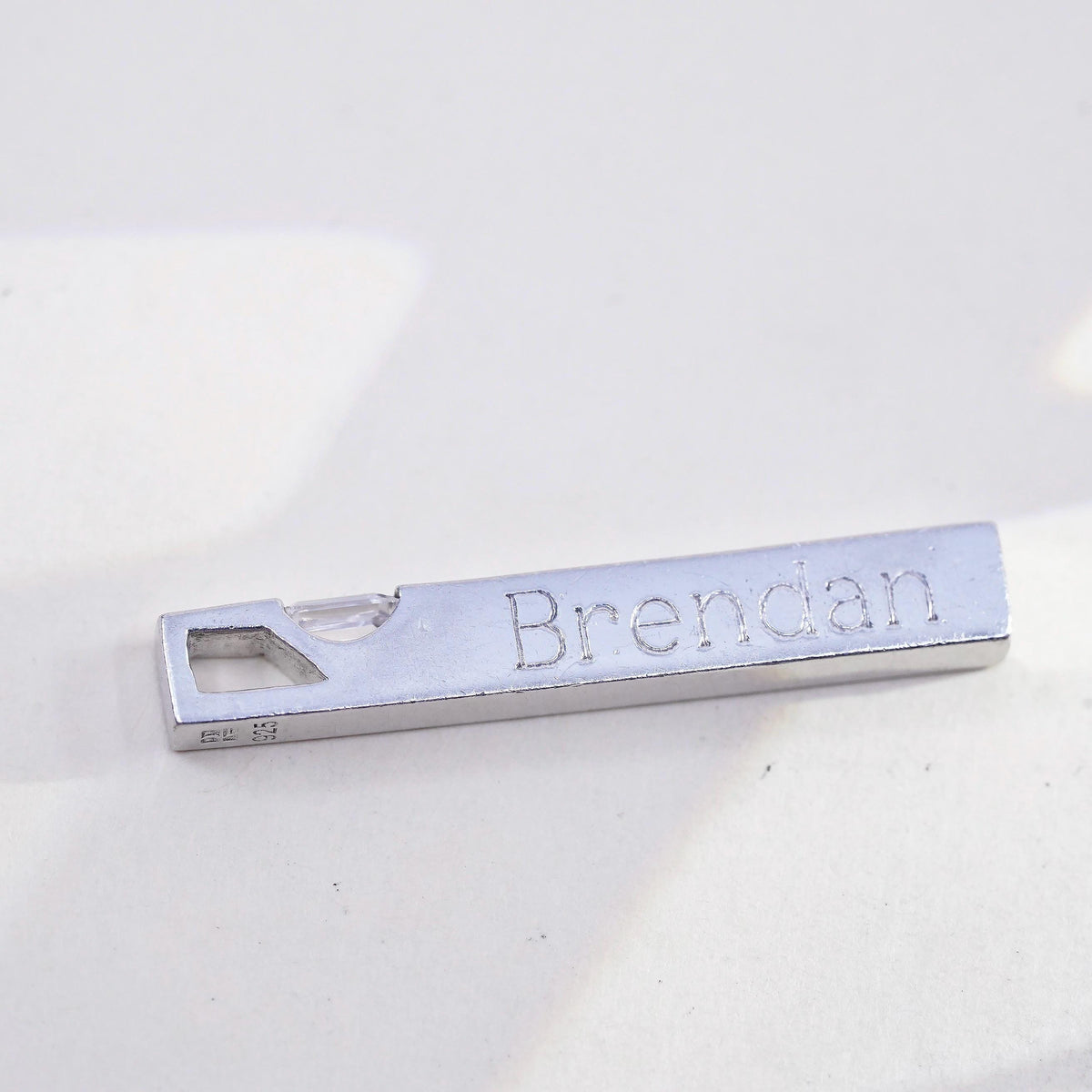 Vintage 3D sterling 925 silver 3D bar w/ diamond pendant engraved name Brendan