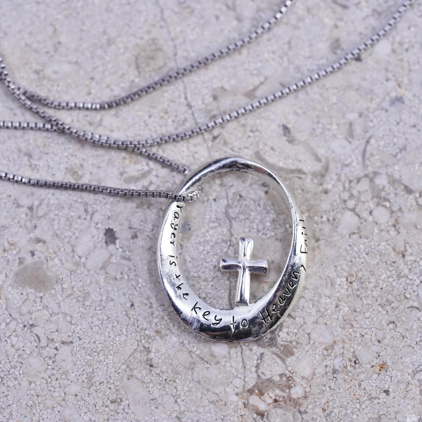 18", Vintage Sterling 925 silver box necklace oval cross pendant, prayer heaven