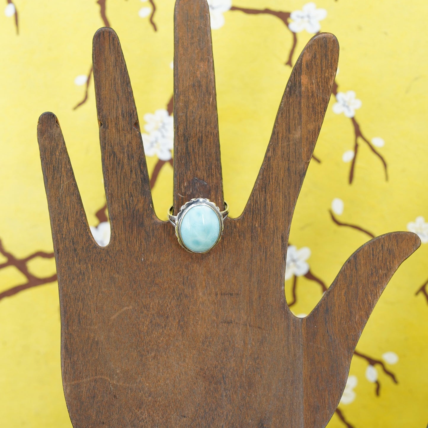 Size 9, vintage Sterling 925 silver handmade ring with Larimar and amethyst