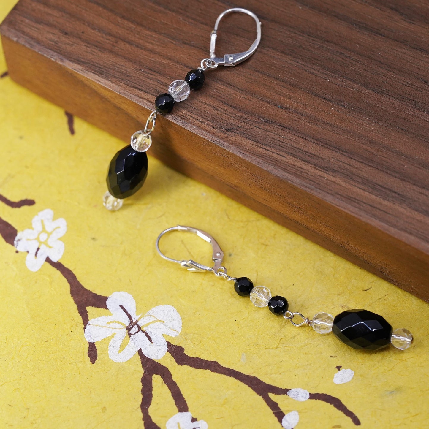 Vintage Sterling 925 silver handmade earrings with obsidian crystal lever back