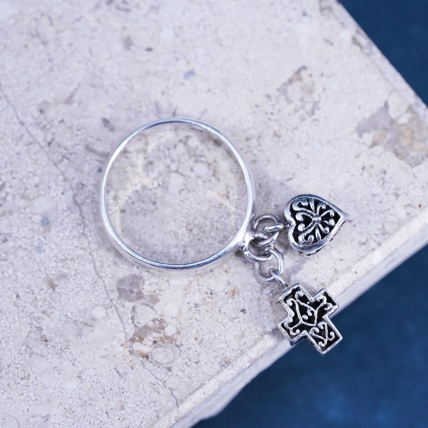 Size 5, vintage Sterling silver ring, 925 filigree ring with heart cross charms