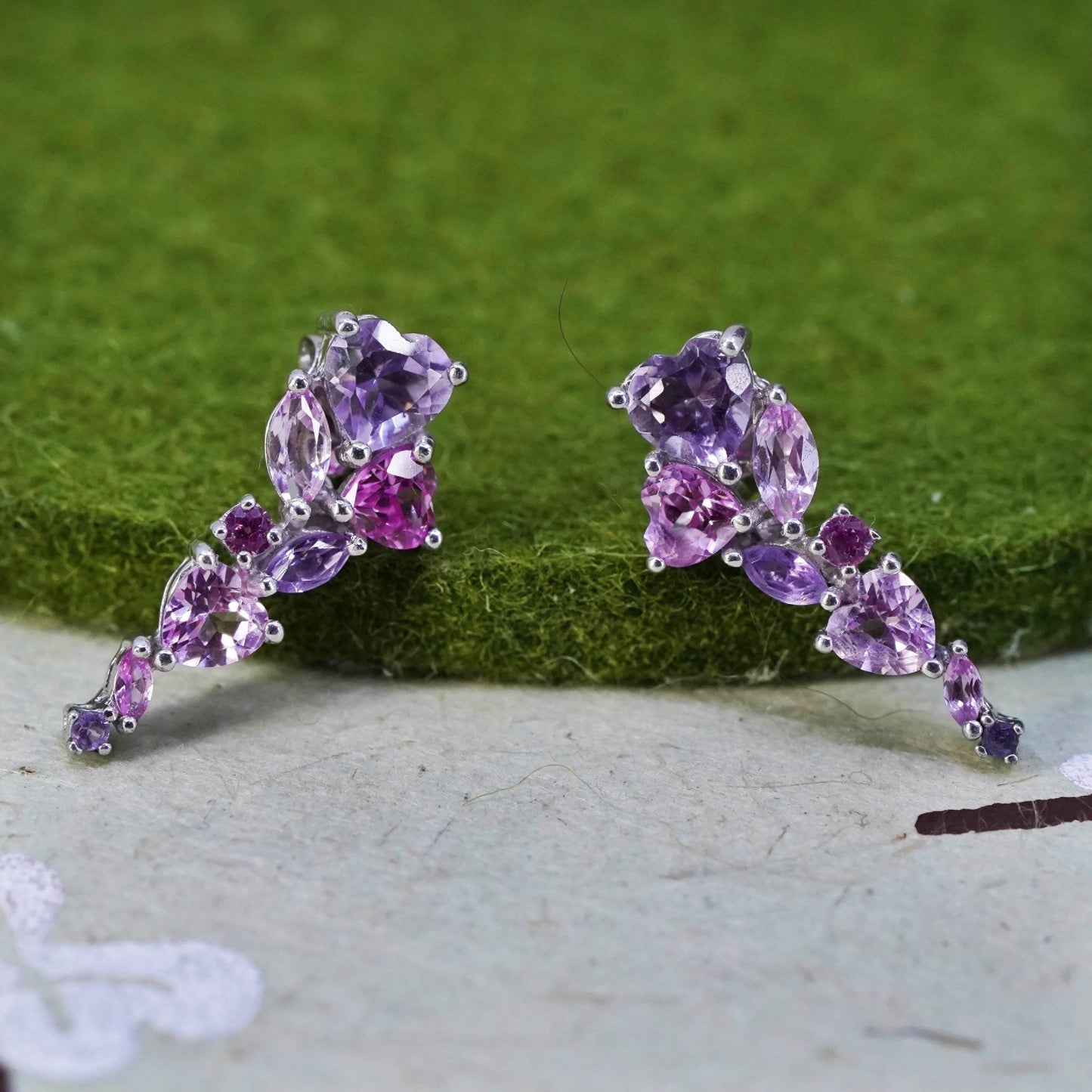 Vintage Sterling silver handmade earrings, 925 flower studs w/ cluster amethyst