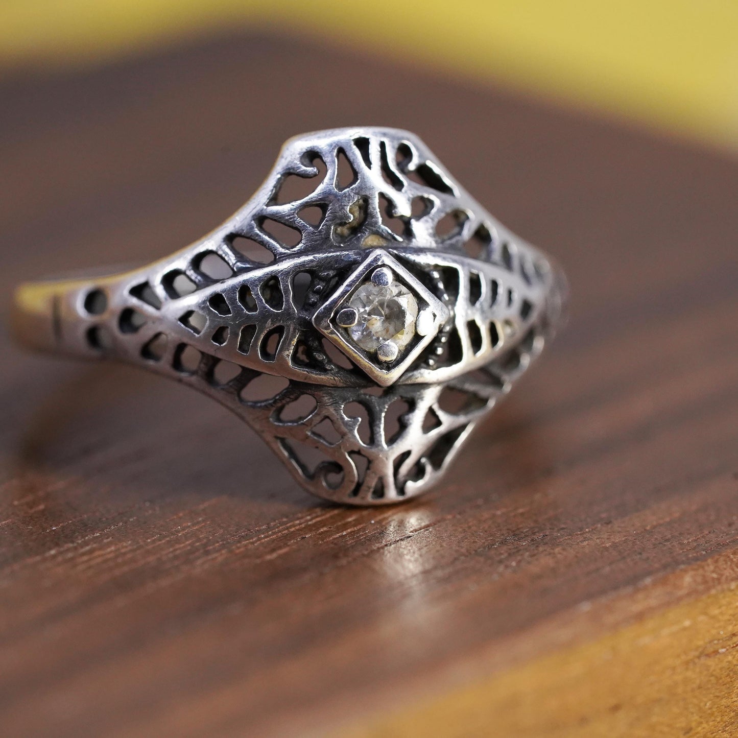 Size 11, vintage Sterling silver handmade ring, 925 filigree band with cz