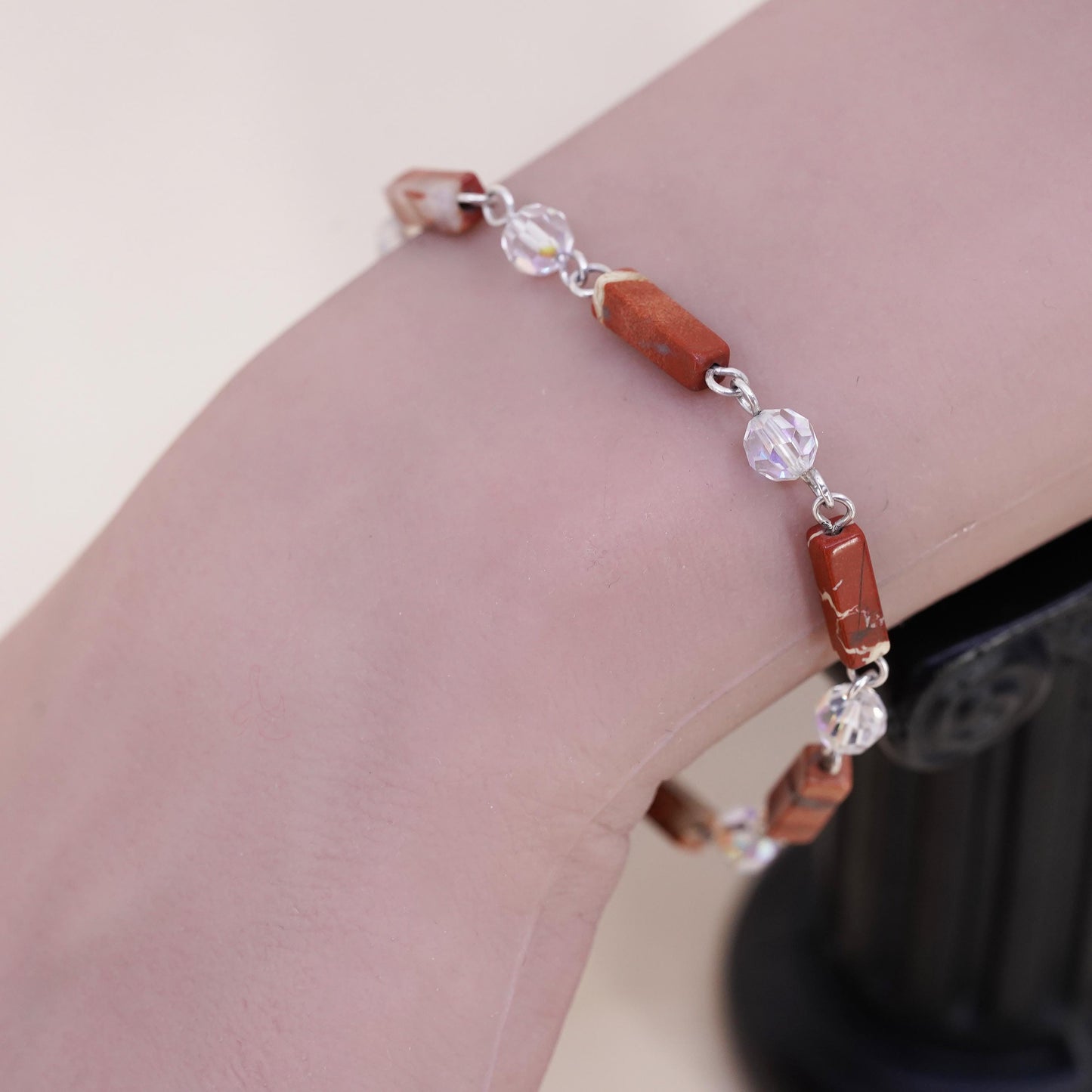 7", vintage Sterling 925 silver handmade bracelet with red jasper tubes
