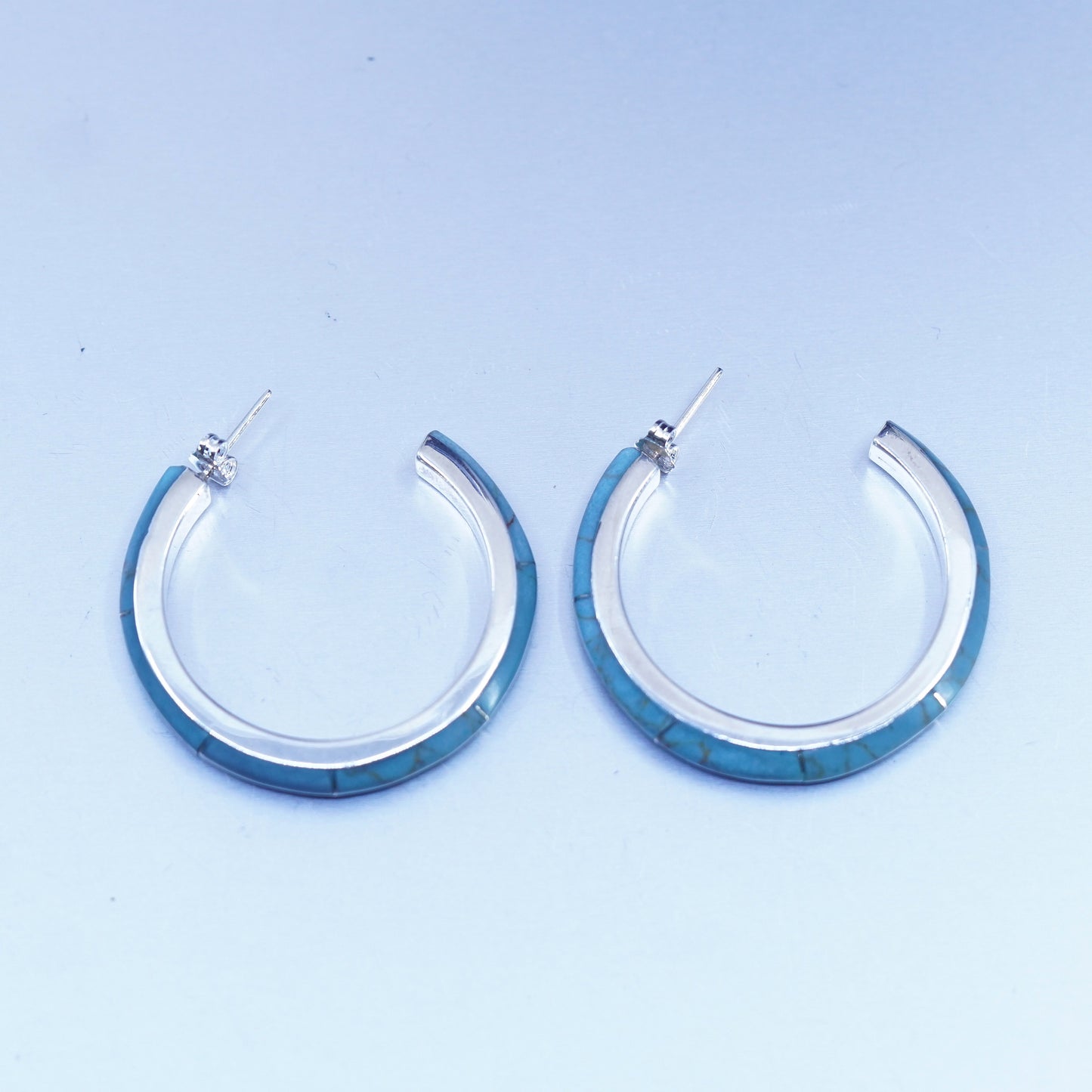 1.5”, Mexican Sterling silver handmade earrings, 925 huggie hoops w/ turquoise