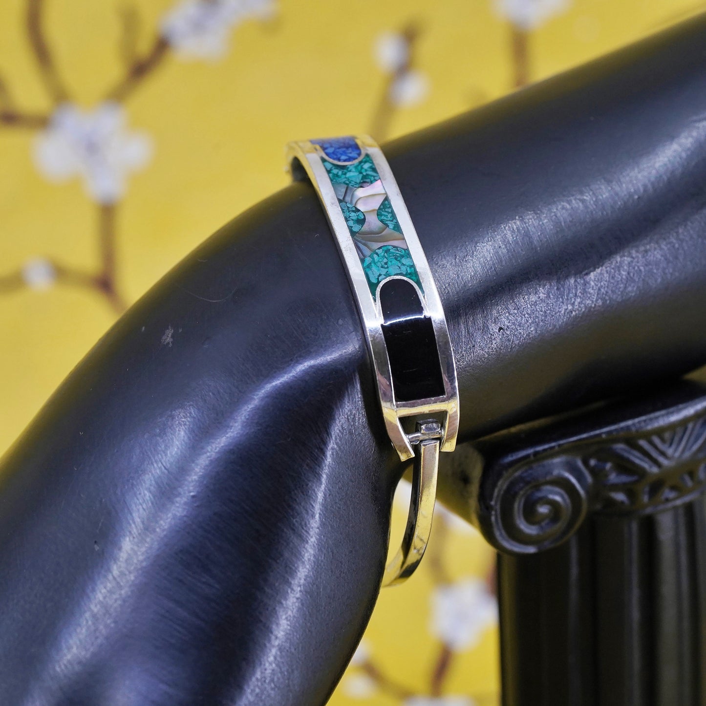 6.5”, Sterling 925 silver handmade bracelet, Mexico hinged bangle w/ turquoise