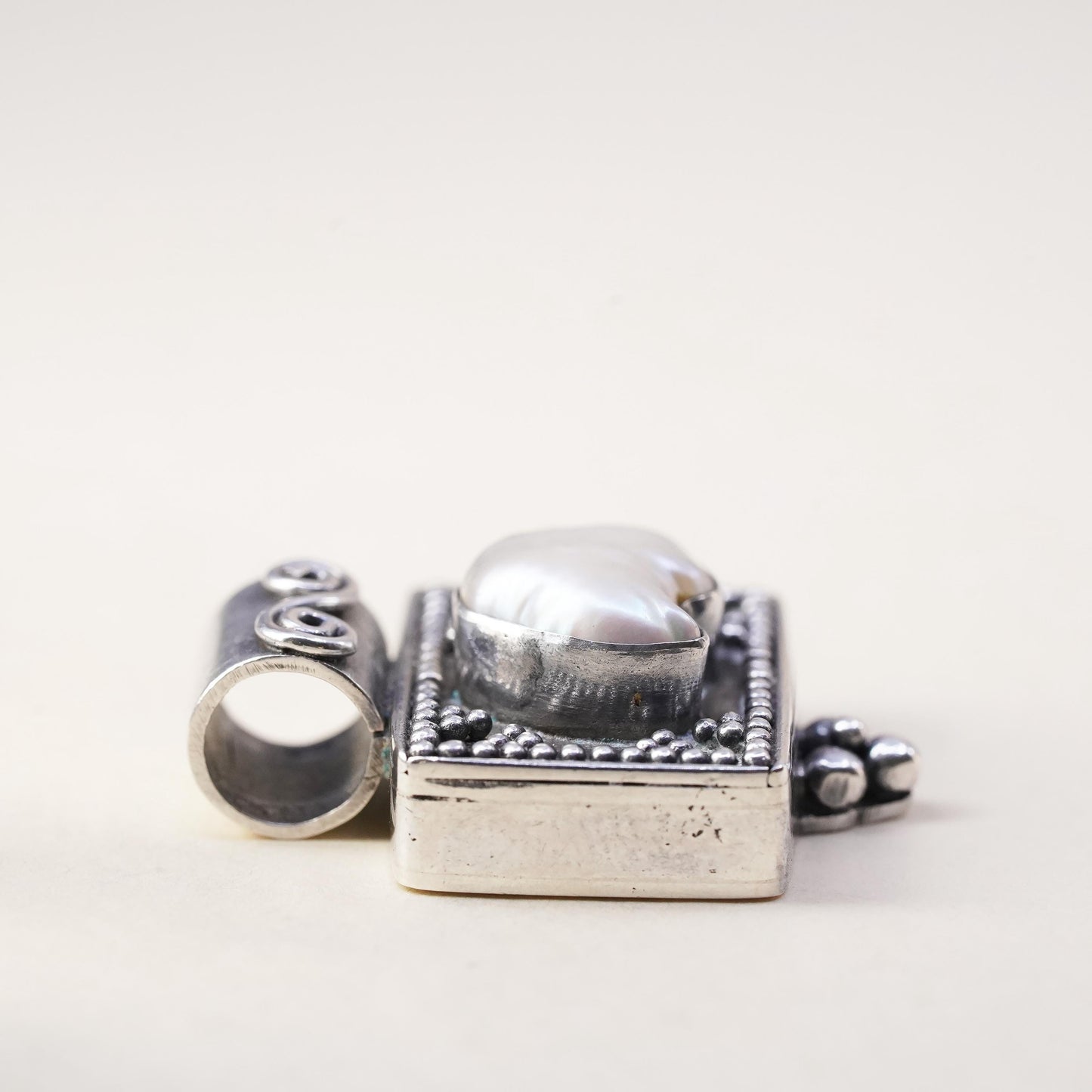 Vintage Sterling silver handmade pendant, 925 Bali square with heart pearl