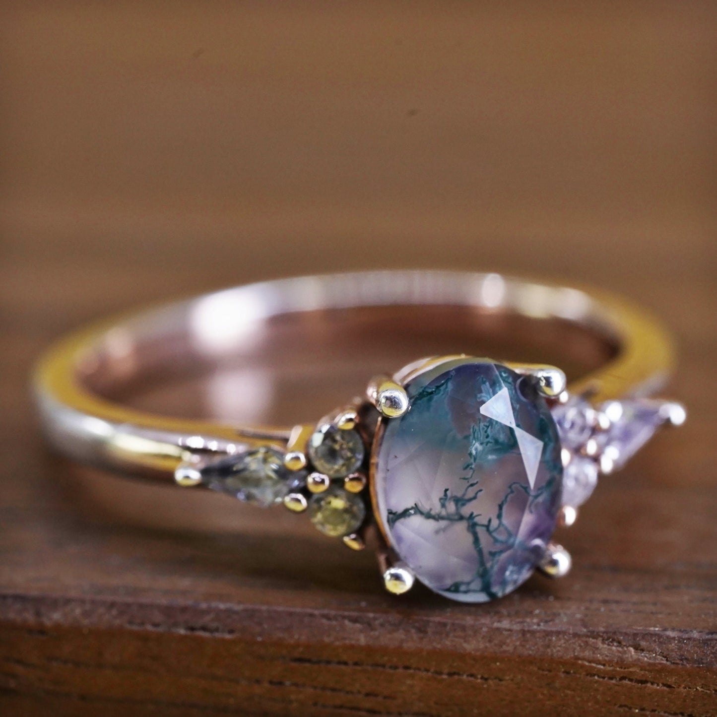 Size 8.25, vermeil rose gold Sterling 925 silver handmade ring with moss agate