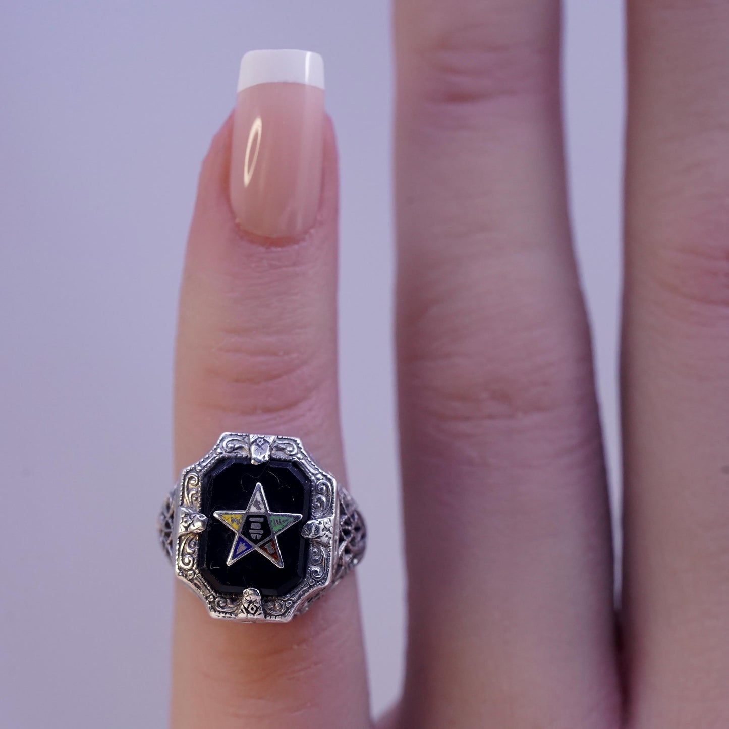 Size 2, Antique Sterling 925 Silver Onyx Ring Enamel Star, Gothic Occult Ring