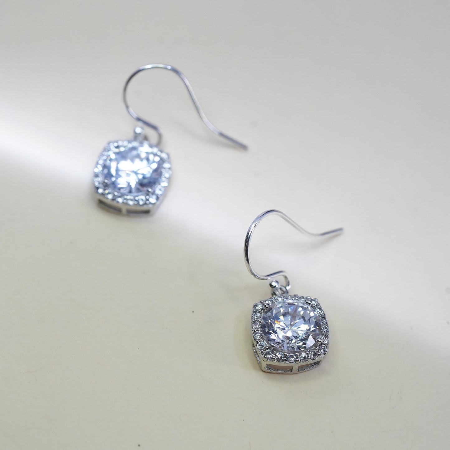 Vintage sterling silver handmade earrings, 925 silver square with cluster Cz