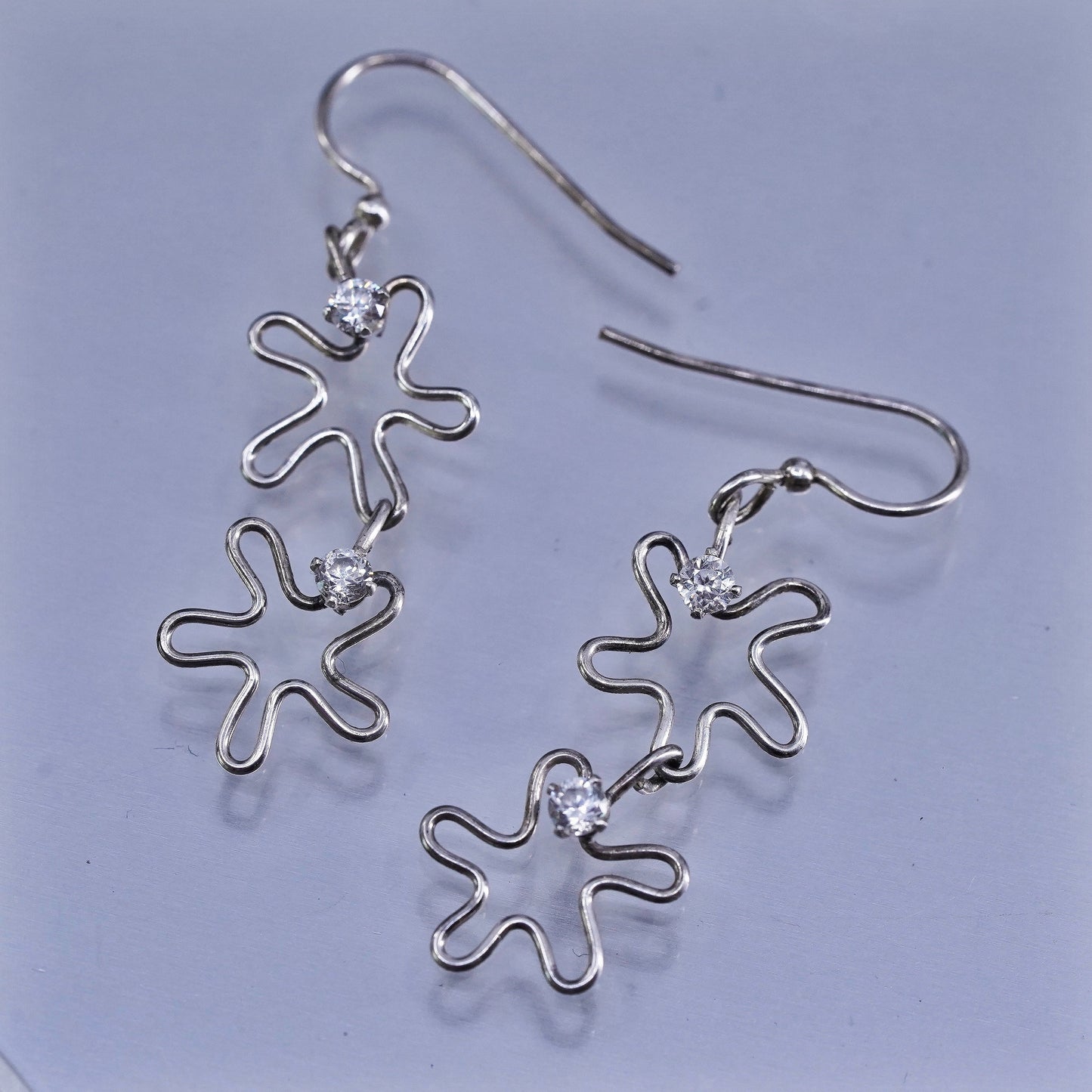 Vintage Sterling 925 silver handmade wired flower earrings with cz