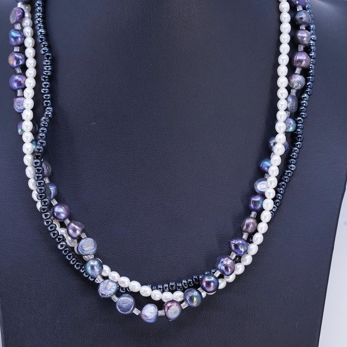 18" VTG Sterling 925 Silver Multi Strands triple tone freshwater pearl Necklace