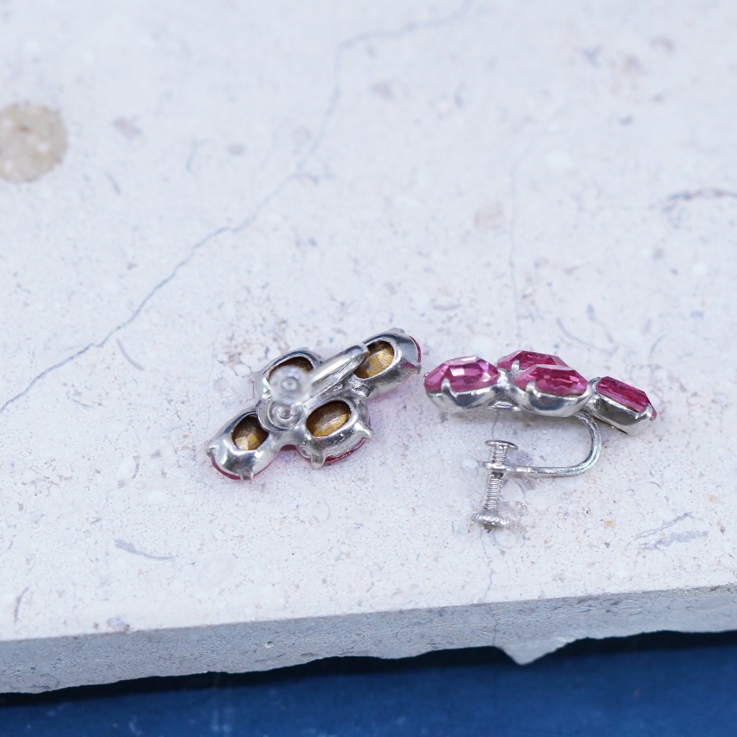 Vintage Sterling silver 925 screw back earrings with pink rhinestones