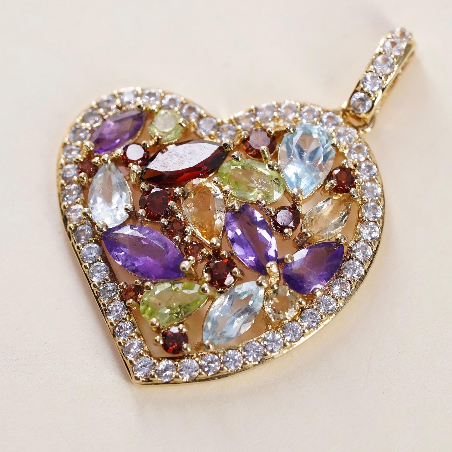 Vintage PAJ BR gold plated brass filigree heart with multi gemstones