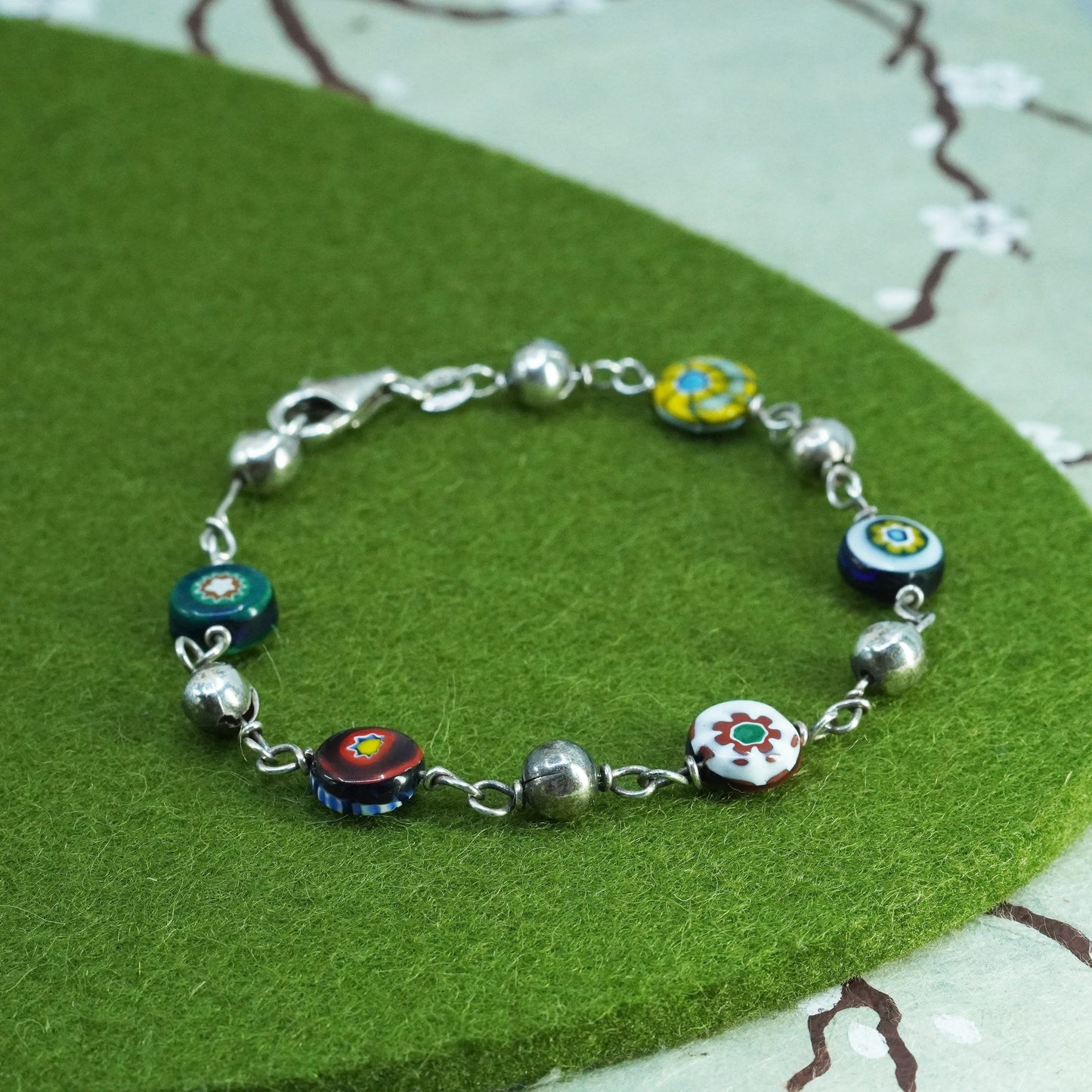 7”, vintage Italy Sterling 925 silver bracelet with artisan Murano glass beads
