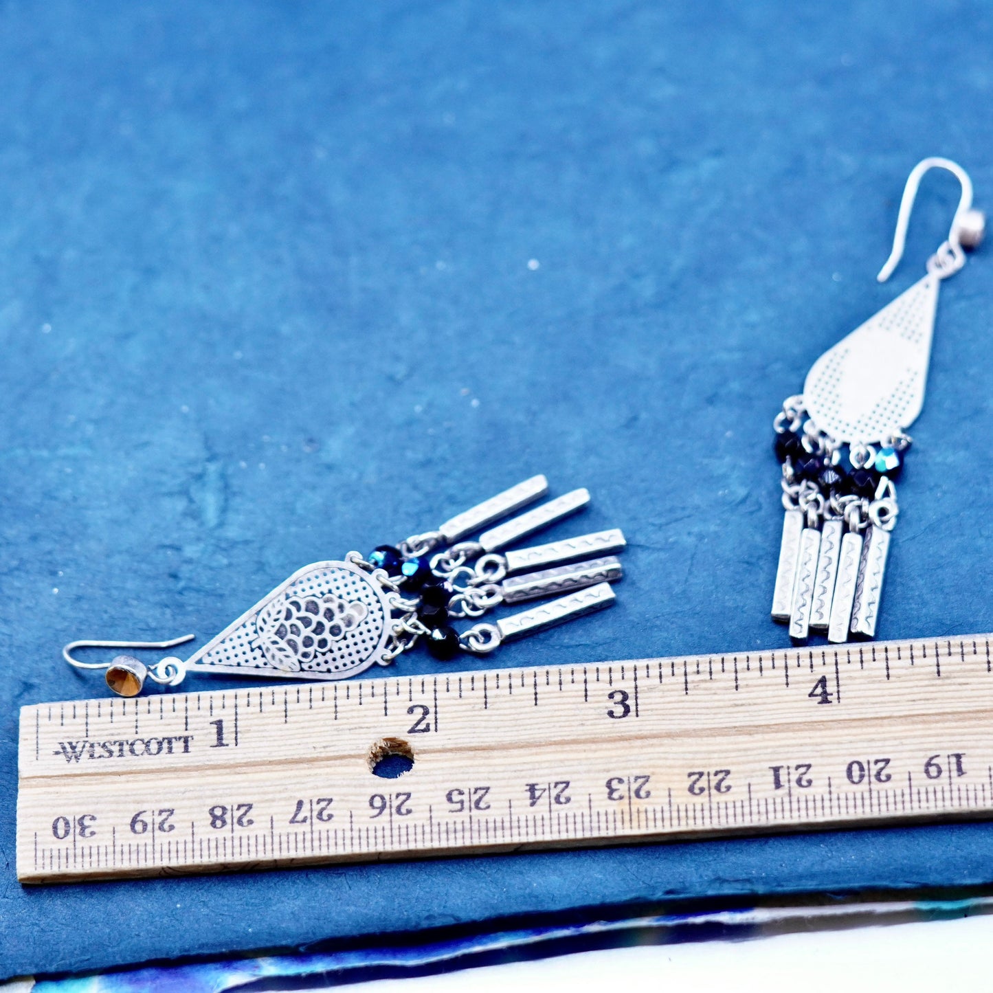 sterling silver handmade earrings, 925 teardrop engraved grapes fringe dangles