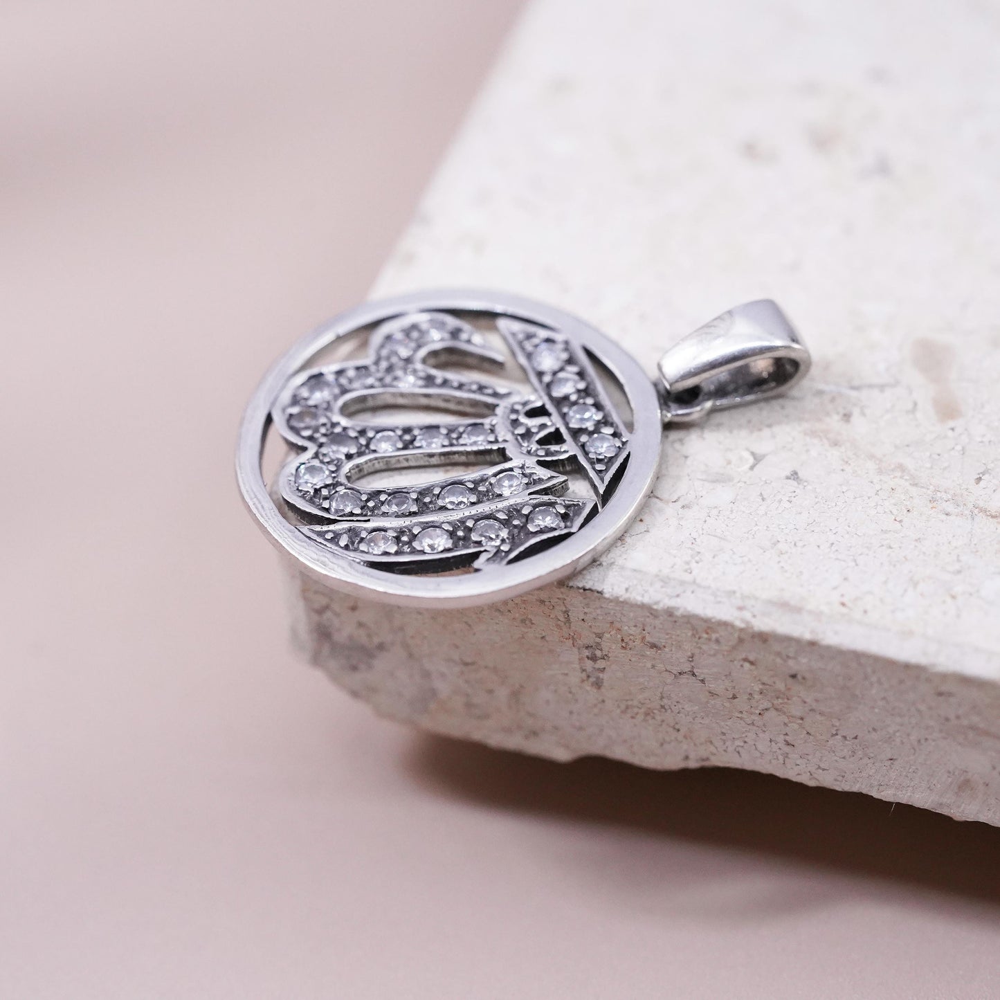 Vintage sterling silver religious symbol charm, 925 initial "WI” pendant with cz