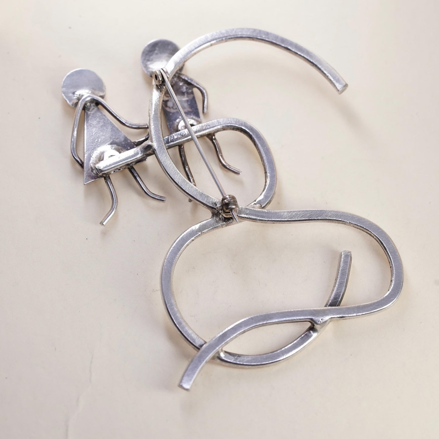 Vintage sterling silver handmade brooch, 925 silver love couple huge brooch